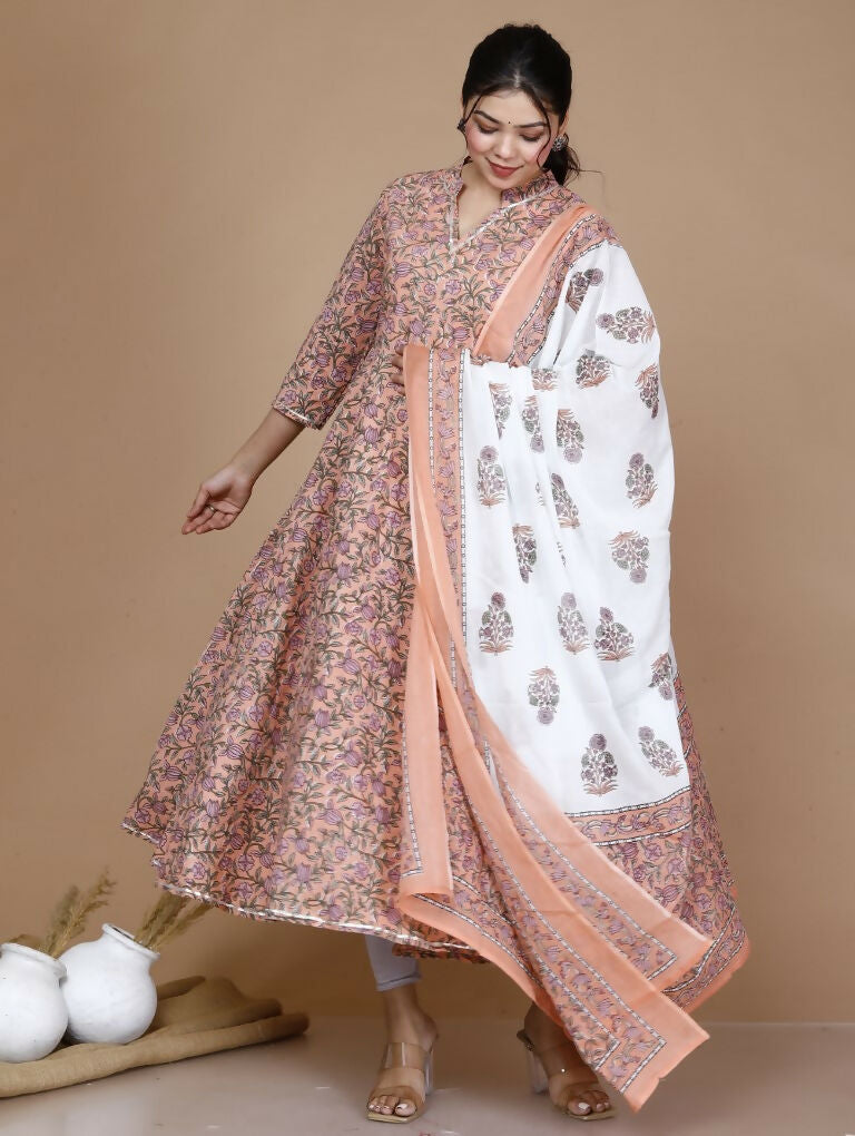 Miravan Women's Surpassing Orange Partywear Floral Printed Anarkali Kurta Dupatta 