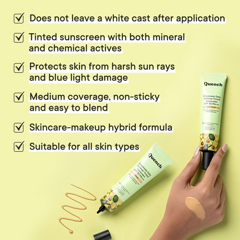 Quench Vitamin E Tinted SPF 50 Sunscreen PA+++ with both Mineral & Chemical Actives (Deep)