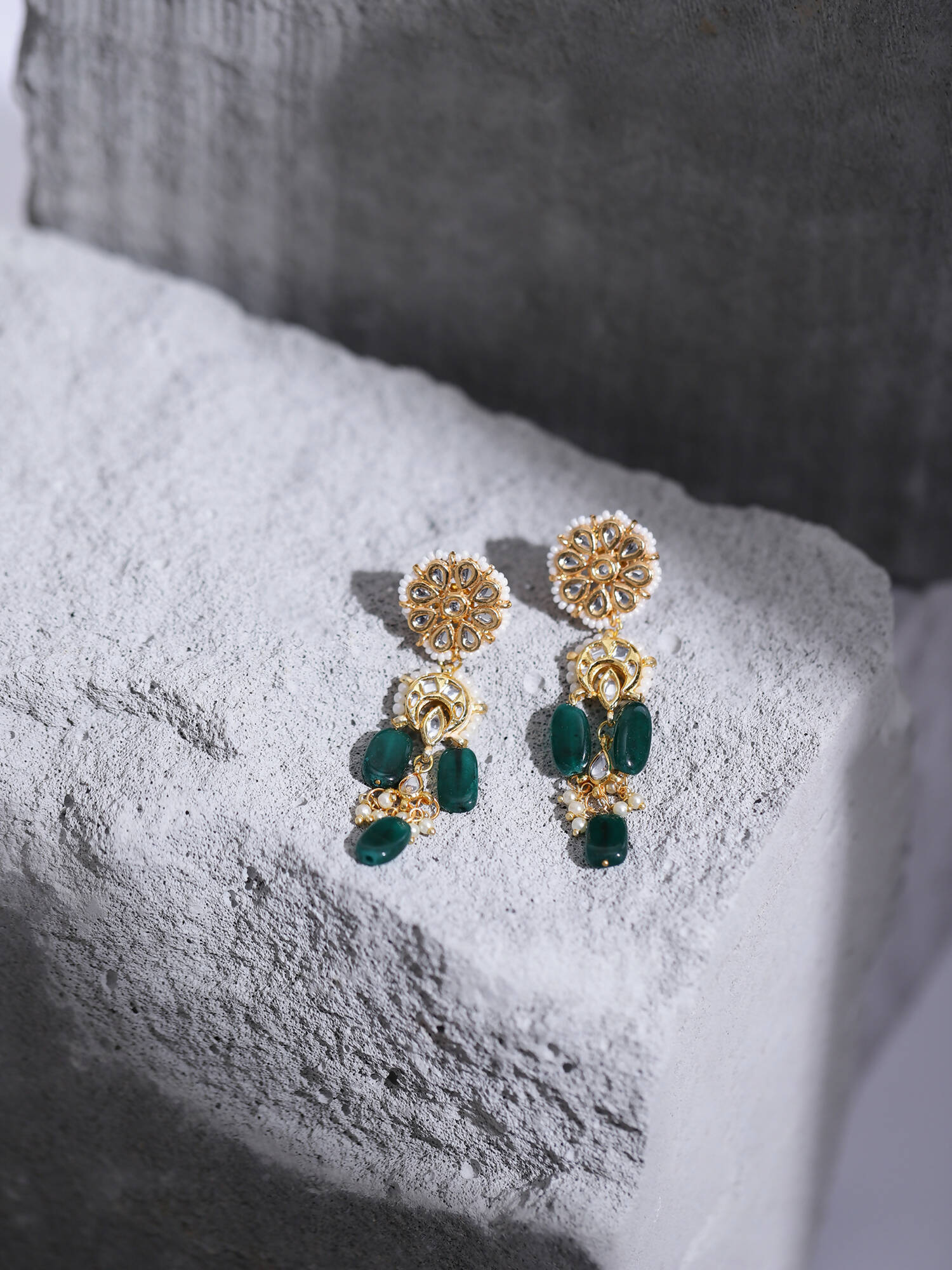 Gold-Toned White Kundan Contemporary Gold-Plated Drop Earrings - Ruby Raang - Distacart