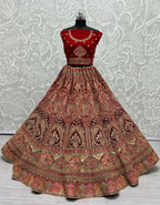 Jyoti Fashion Women's Red Velvet Multi Thread Embroidered with Zircon Diamond Wedding Lehenga Choli