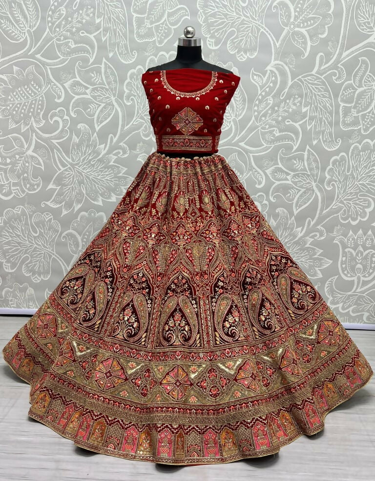 Jyoti Fashion Women's Red Velvet Multi Thread Embroidered with Zircon Diamond Wedding Lehenga Choli