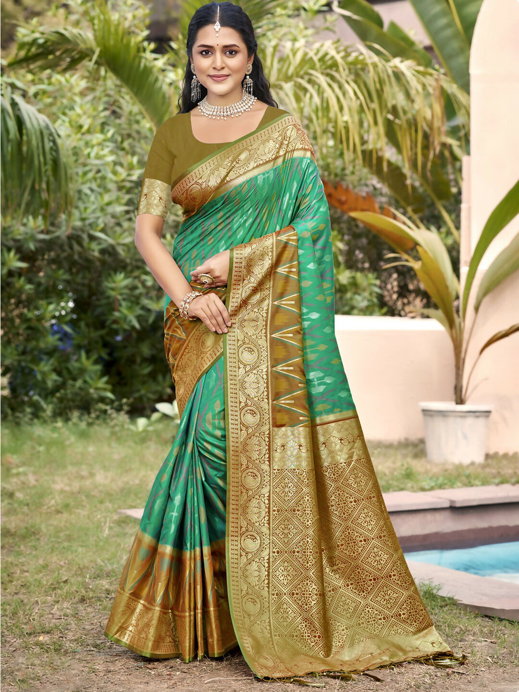 Shree Shyam Fashion Rama Green Pochampally Silk Saree - Distacart