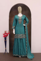 Anaita Turquoise Simar with Embroidery Multi & Zarkhan Work Readymade Palazzo suit - Distacart