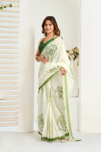 Vastranavya Green Digital Printed Linen Ready To Wear Designer Saree with Unstitched Blouse - Distacart