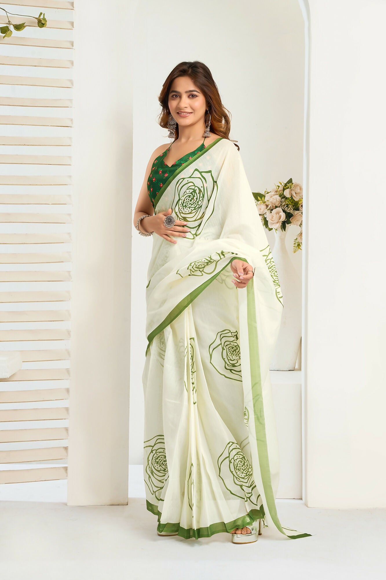 Vastranavya Green Digital Printed Linen Ready To Wear Designer Saree with Unstitched Blouse - Distacart