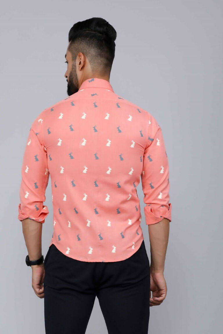 Miravan Men's Peach Spread Collar Animal Print Partywear Shirt