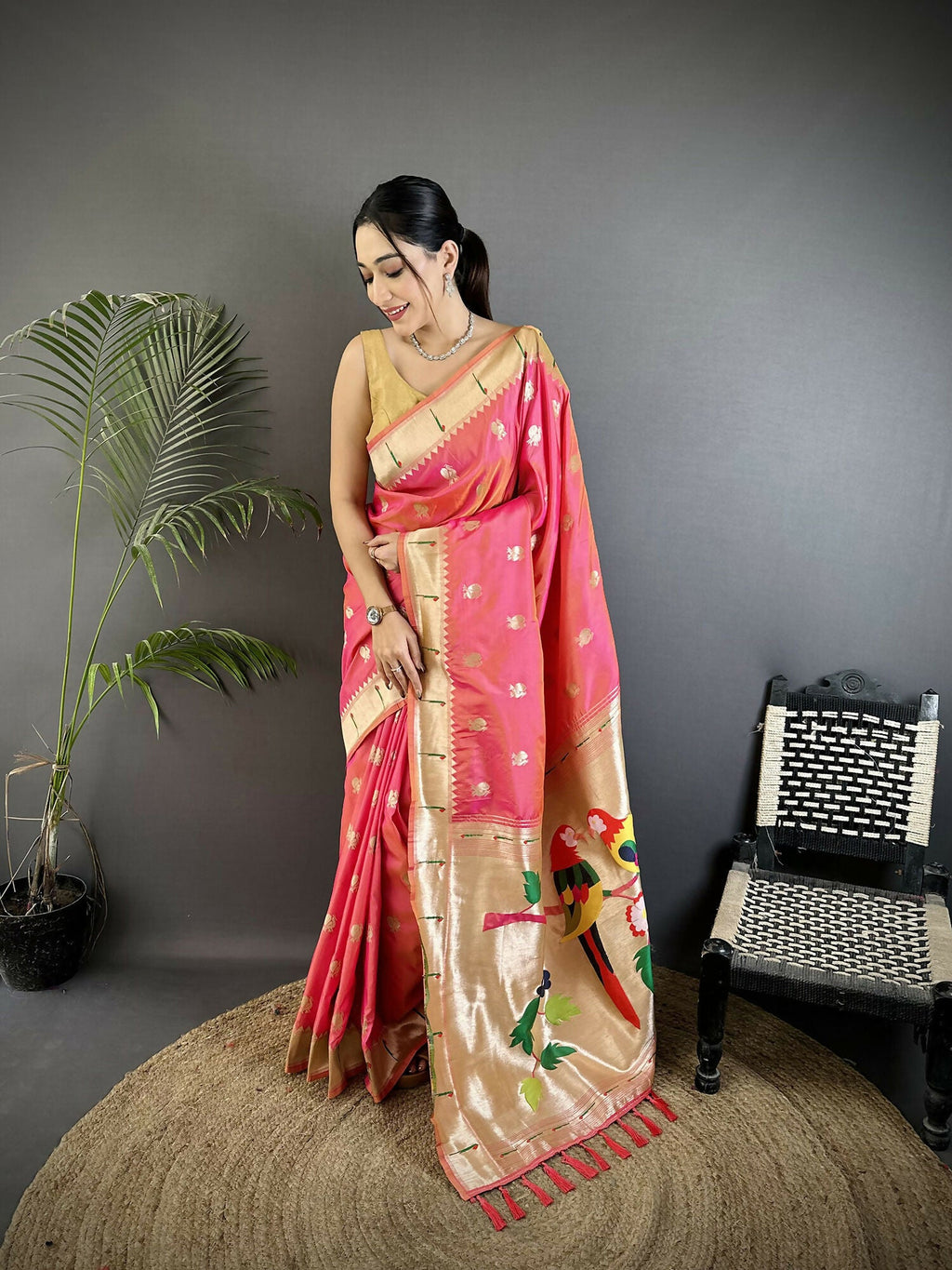 Joban Fashion Peach Peacock & Floral Motifs Soft Silk Kanchipuram Saree - Distacart