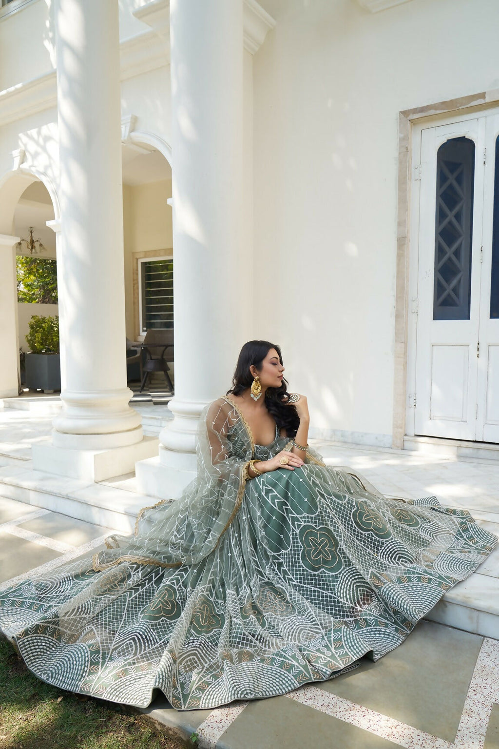 Eilara Glamorous Dusty Green Butterfly Net With Thread And Sequence Embroidered Work Fancy Lace Lehenga Choli For Wedding