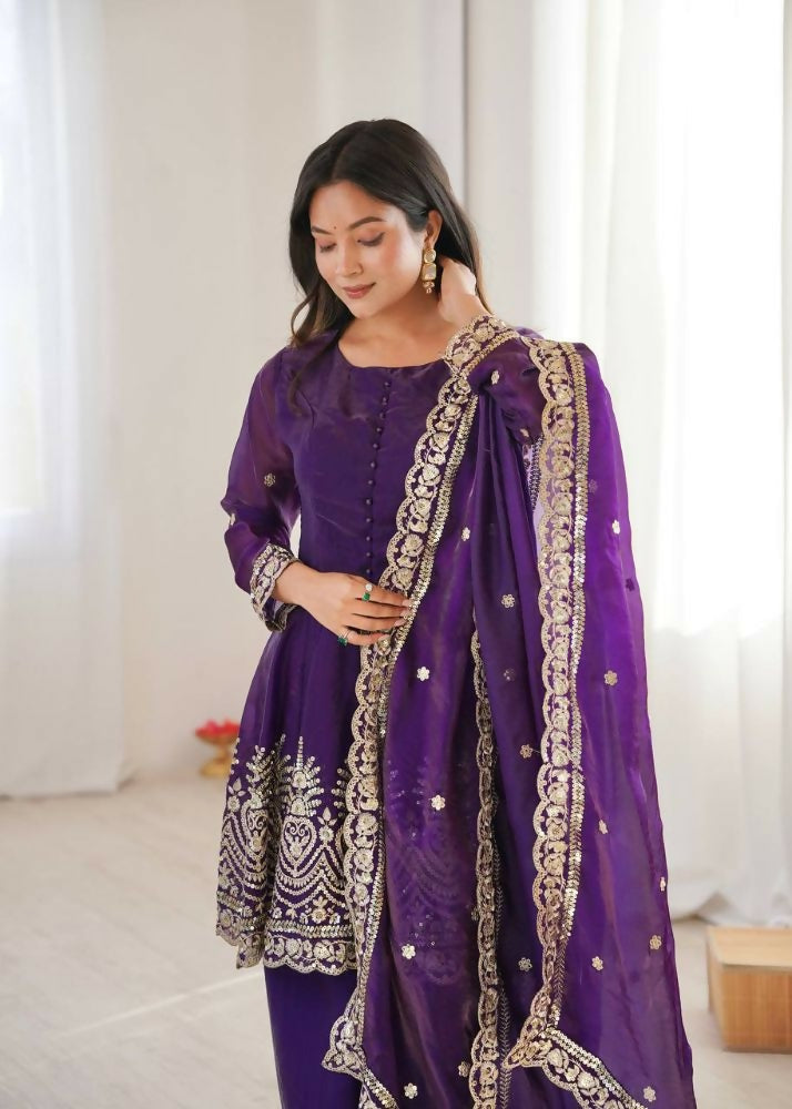 Teeya Creation Purple Color Fendy Satin Silk Embroidery Work party Wear Salwar Suit - Distacart