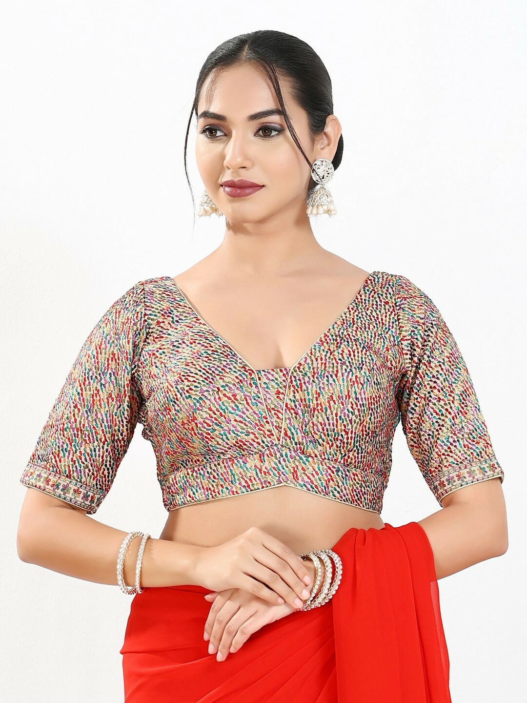 Joban Fashion Multi Mulberry Silk Padded Blouse With V Neck Elbow Sleeves - Distacart