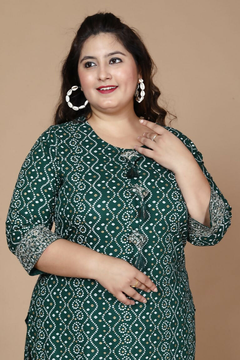 Miravan Women's Plus Size Rayon Bandhani Print Straight Kurta Green