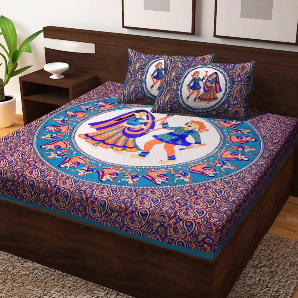 Vamika Printed Daandiya Cotton Blue Bedsheet With Pillow Covers (PM Daandiya Firozi)