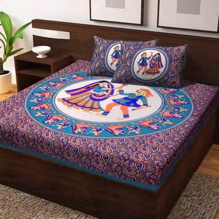 Vamika Printed Daandiya Cotton Blue Bedsheet With Pillow Covers (PM Daandiya Firozi)