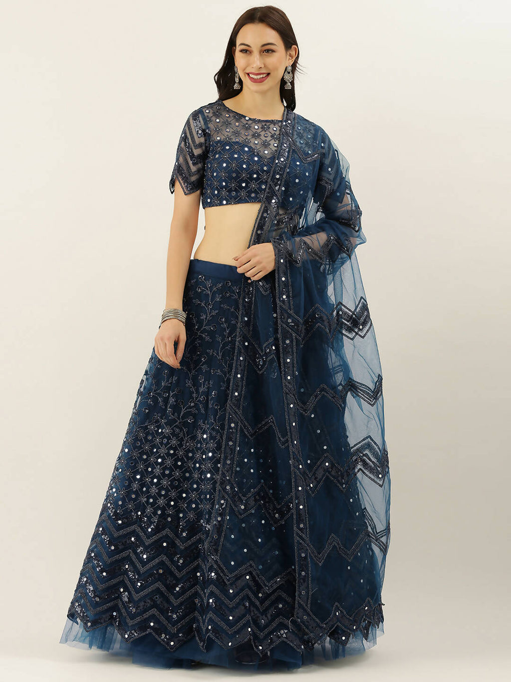 House of Panchhi Navy Blue Net Semi Stitched Coding, Sequins and Mirror work Lehenga Choli