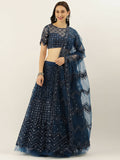 House of Panchhi Navy Blue Net Semi Stitched Coding, Sequins and Mirror work Lehenga Choli