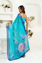 Joban Fashion Turquoise  Floral Linen Ready To Wear Saree With Unstitched Blouse - Distacart