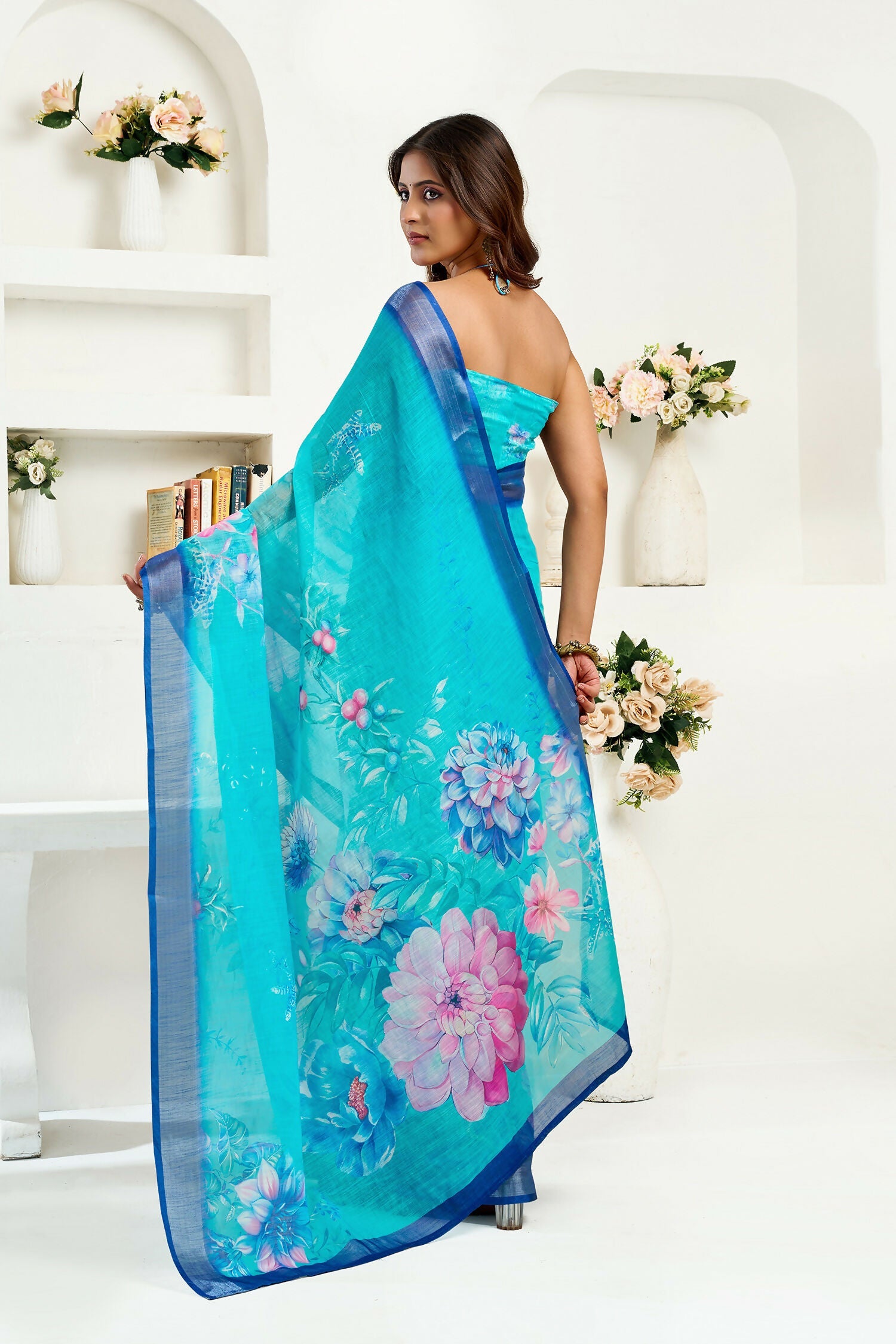 Joban Fashion Turquoise  Floral Linen Ready To Wear Saree With Unstitched Blouse - Distacart