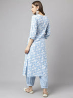 FIORRA Women's Blue Cotton A-Line Kurta Set