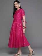 Ahalyaa Women Foil Printed A-Line Midi Ethnic Dress - Pink Color - Distacart
