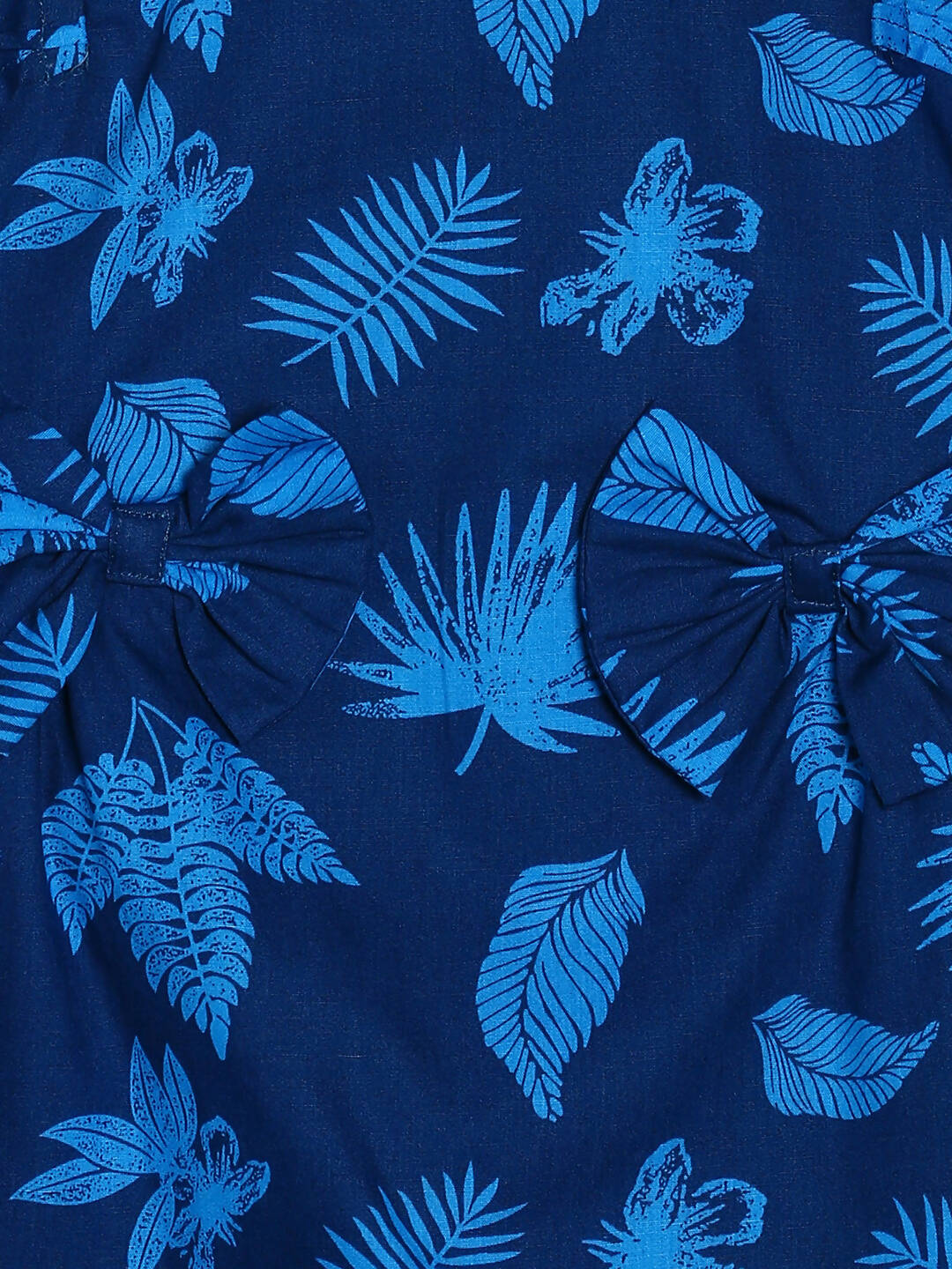 Manet Cotton Frill Bow Frock Leaf Printed - Blue