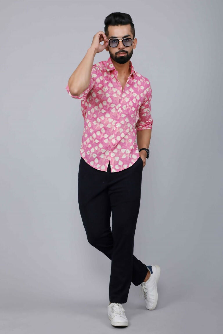 Miravan Men's Pink Print Comfort Cotton Festive Shirt