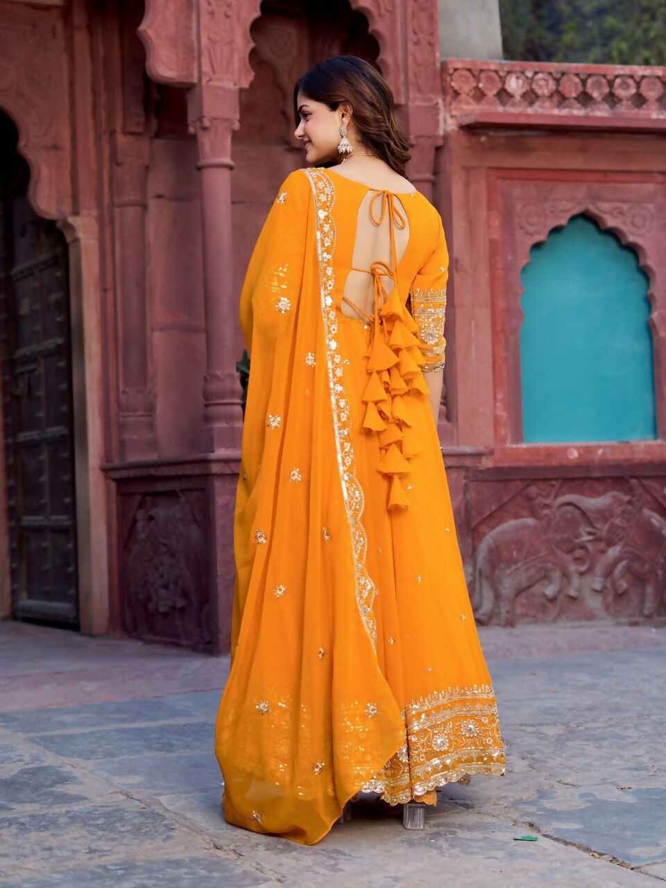 The52 Women's Beautiful Faux Georgette Fabric Embroidery Work Flared Anarkali Pant and Dupatta Set - Distacart