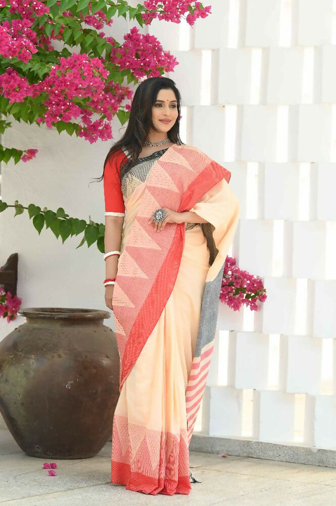 Beatitude Cream Temple Border Cotton Saree