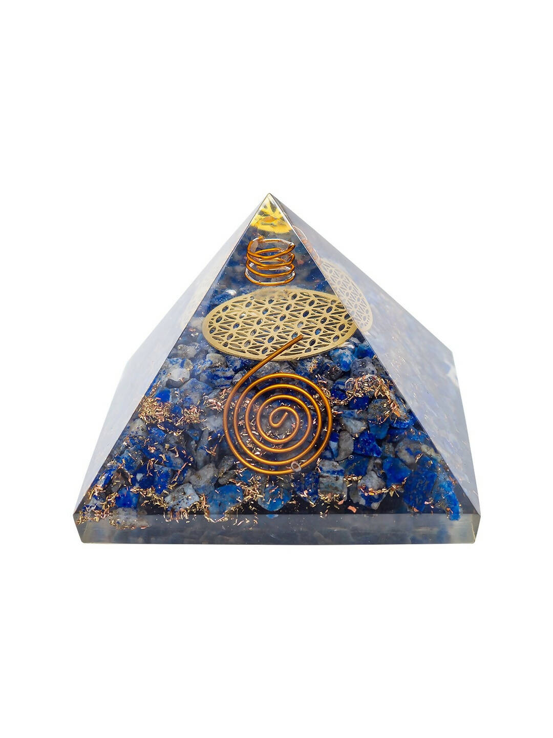Golden Peacock Blue & Gold-Toned Lapis Lazuli Orgone Stone Pyramid Prism Paperweight