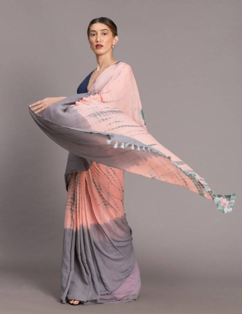 Suta Peach-Coloured Grey Tie Dye Pure Cotton Saree - Distacart