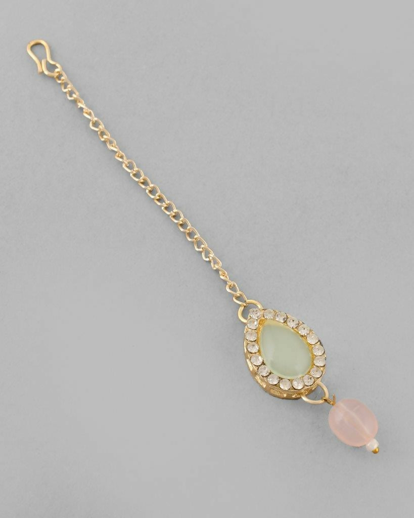 VOJ Gold-Polished Nude Pink And Mint Green Stone Studded Jewellery Set With Maang Tikka