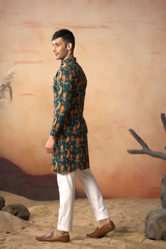 Peacock Oasis Nehru Jacket Set With Orange Hues by Hilo Design