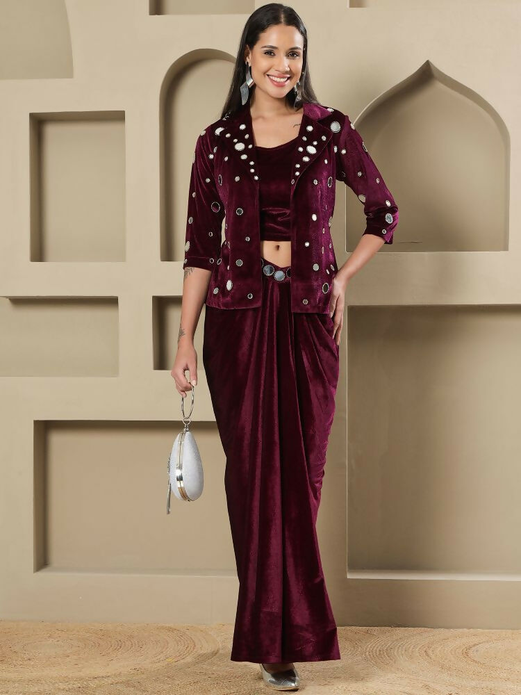 Joban Fashion Women Wine Velvet Hand Embellishment Stitched Dress - Distacart