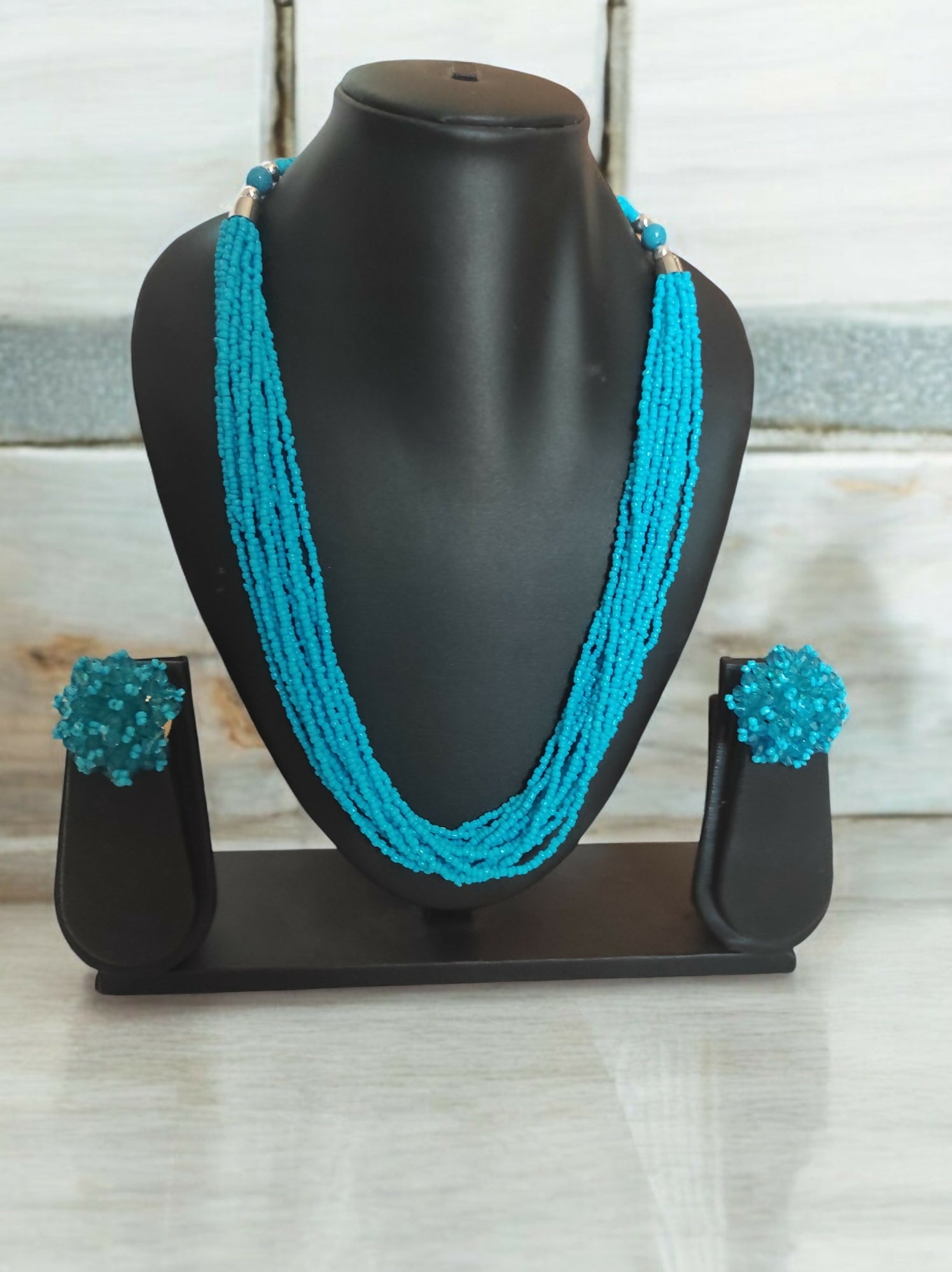 Inhanns Bloom Handmade Beaded Necklace With Earrings - 12 Layers - Skey Blue Necklace Set