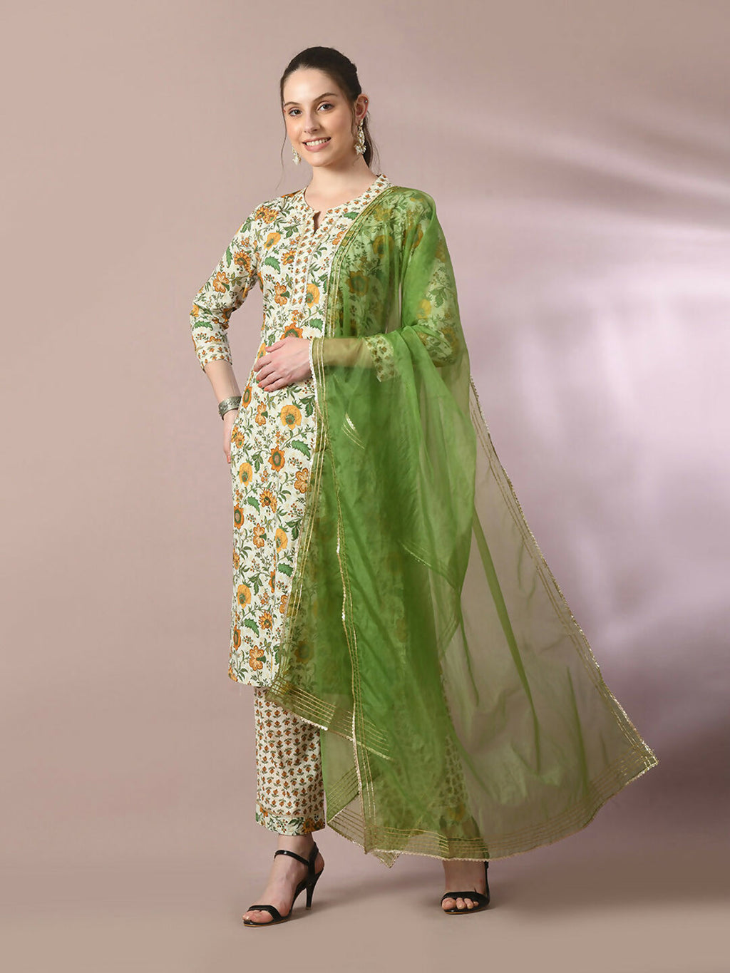 Myshka Women's Multi Printed Cotton Straight Party Kurta Set With Dupatta