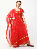 Cheera Women's Red Cotton Hand Block Print Long Dress With Silk Dupatta Set