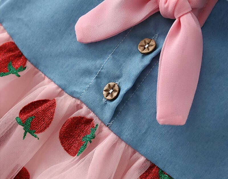 Bold N Elegant Cap Sleeve Denim Embroidered Midi Party Dress Frock with Hat Dress - Strawberry Pink