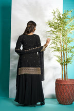 Aayaa Designer Faux Gorgette Embroidery Zari Sequins Thread work Full Flaired plazzo Suit with Dupatta - Black