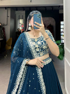 Vastranavya Gorgeous Georgette Lehenga Choli With Embroidered Banglory Blouse - Teal