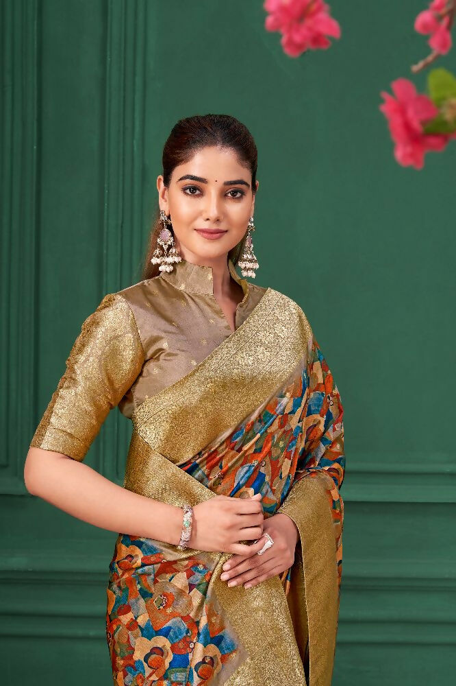 Chiku Tussar Silk Jacquard Abstract Digital Print Saree with Unstitched Blouse - Mohira