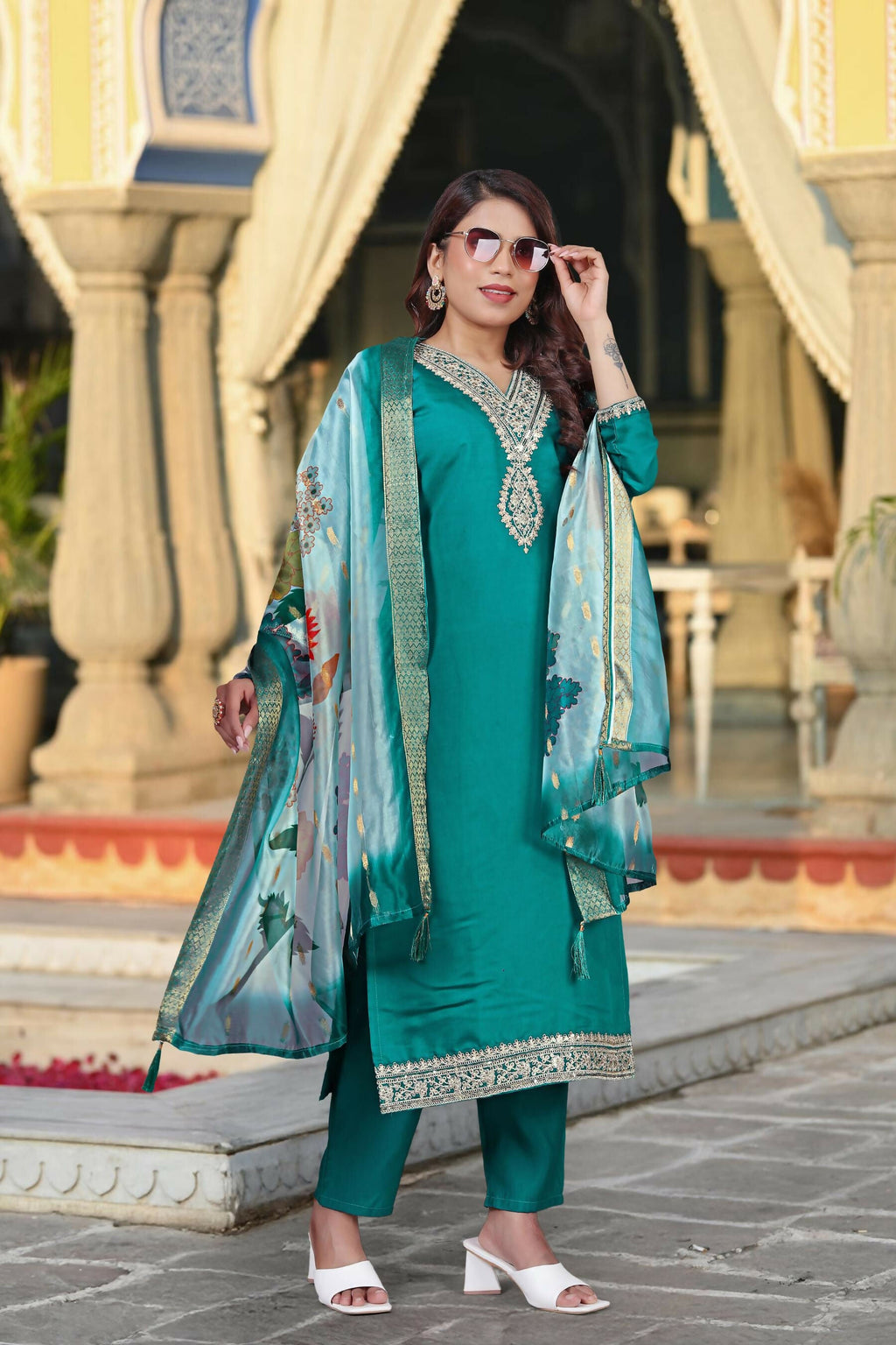 The52 Women's Beautiful Viscose Chanderi Fabric Embroidery Work Straight Kurta Pant and Dupatta Set - Distacart