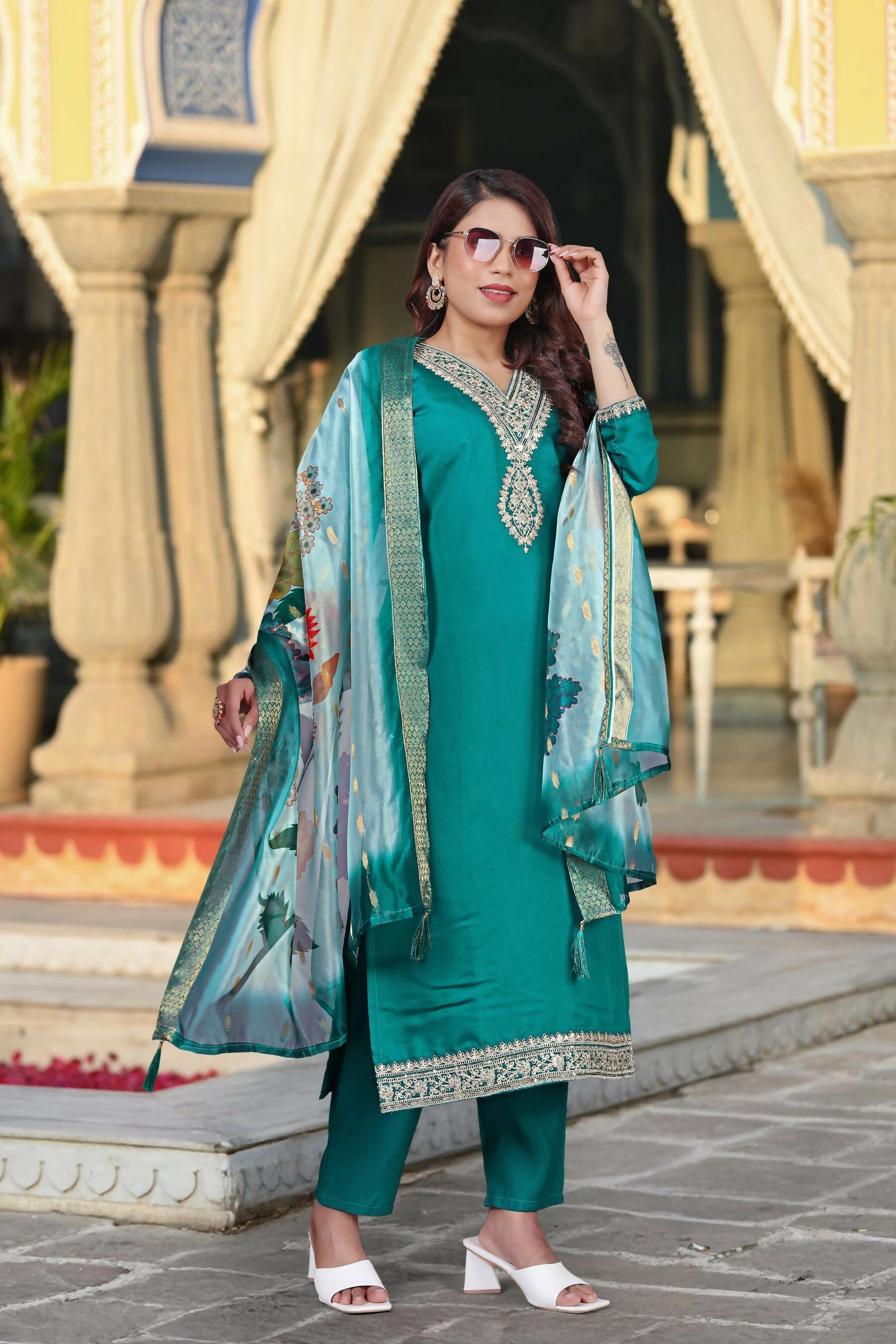 The52 Women's Beautiful Viscose Chanderi Fabric Embroidery Work Straight Kurta Pant and Dupatta Set - Distacart