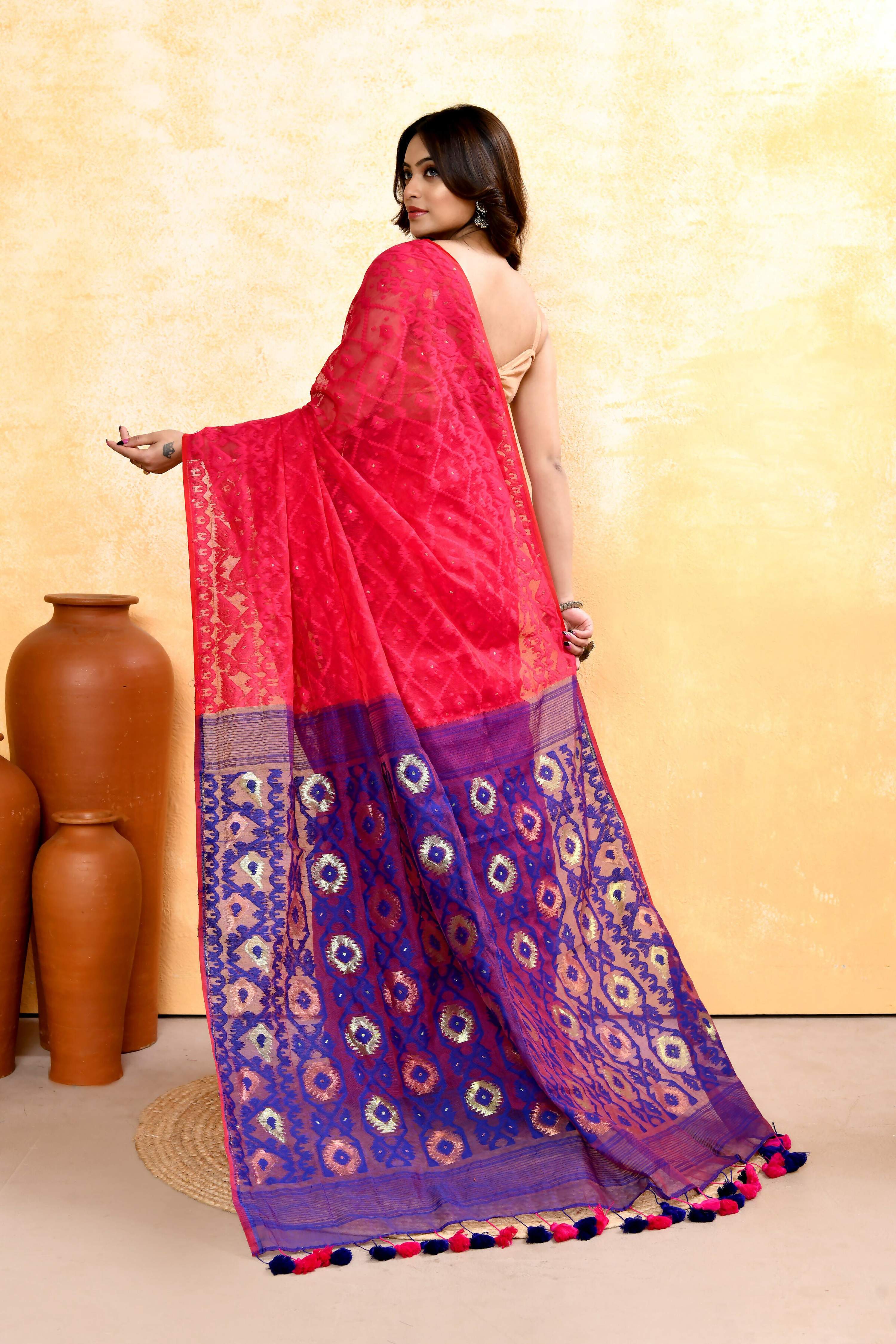 Piyari Fashion Women's Rani Pink Embellished Cotton Blend Jamdani Saree - Distacart