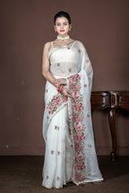 Morchari Off White Supernet Cross Embroidery Saree Unstitched Blouse - Distacart