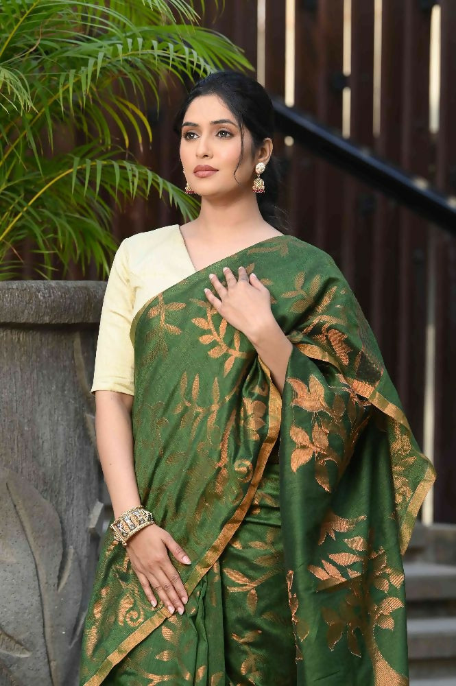 Beatitude Green Cotton Floral Jamdani Saree