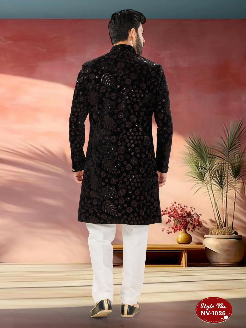 Joban Fashion Men's Black Base ( Brown ) Straight Velvet Thread And Sequence Embroidary All Over Indo-Western Kurta Set