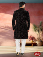 Joban Fashion Men's Black Base ( Brown ) Straight Velvet Thread And Sequence Embroidary All Over Indo-Western Kurta Set