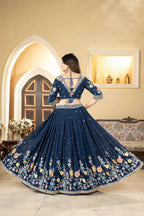 Eilara Prussian Blue Georgette Embroidered Panelled Style Lehenga