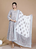 Miravan Women's Blue Printed With Gota Patti Work Anarkali Kurta With Dupatta
