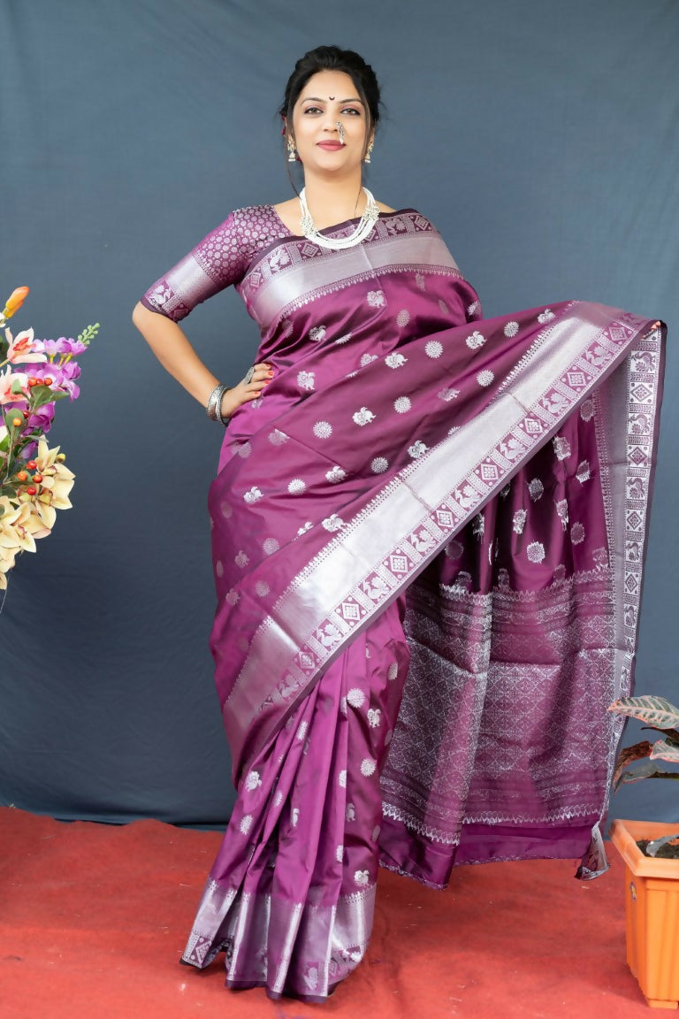 Jyoti Fashion Women's Wine Soft Banarasi Silk Zari Woven Saree with Blouse
