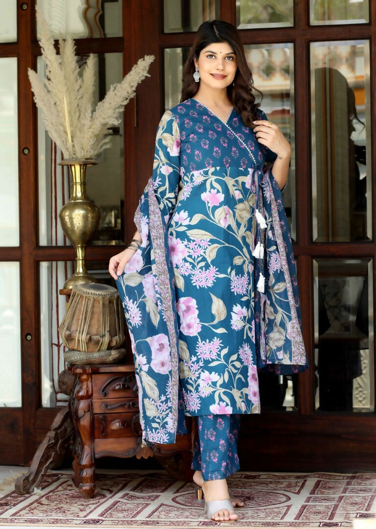 Miravan Women's Cotton Floral Angrakha Kurta And Palazzo With Dupatta Set